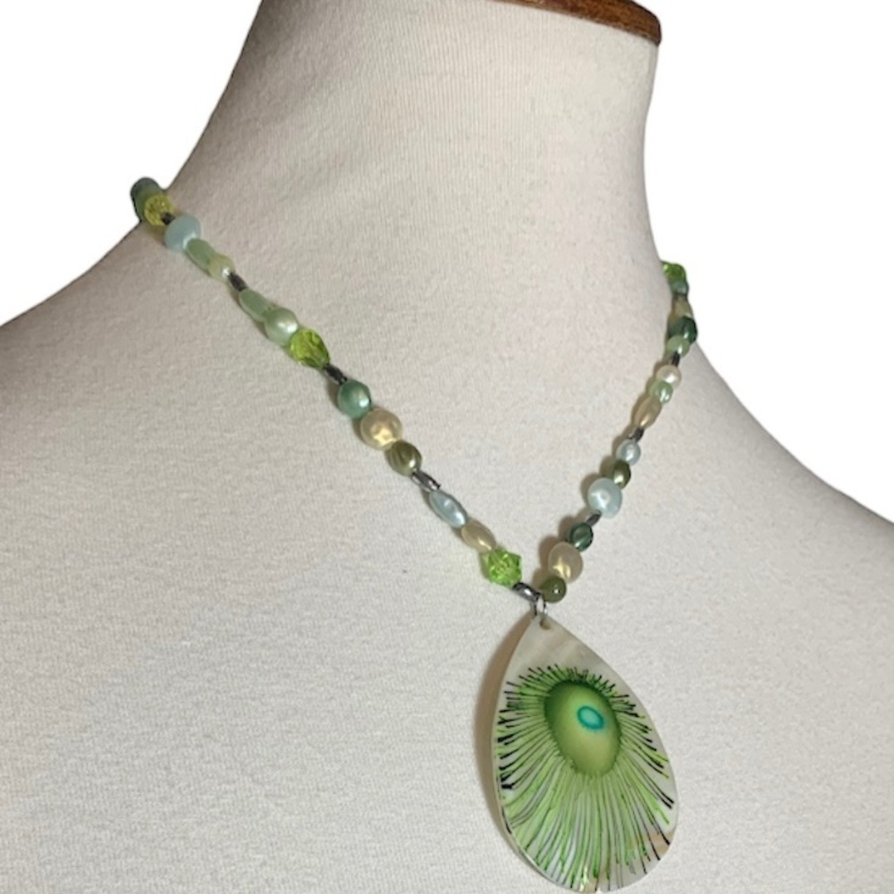 Vintage Shell Collar Necklace with Handpainted Green Peacock Feather Pendant
